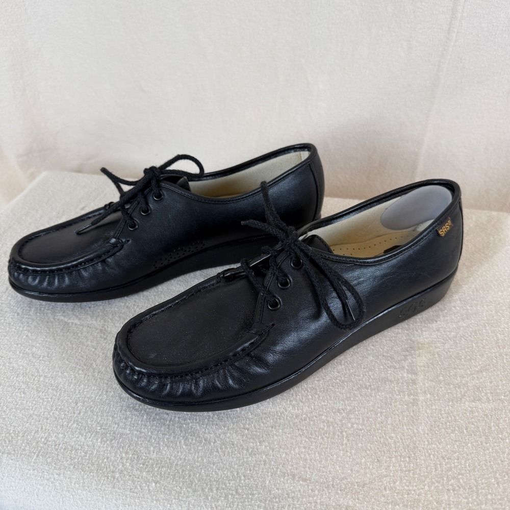 SAS Siesta Womens 10 N Black Leather Lace Up Moc‎ Toe Walking Shoes Loafers USA - Picture 3 of 6